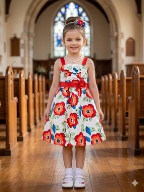 Red Floral Sash Girls' Formal Dress with Flower Detail